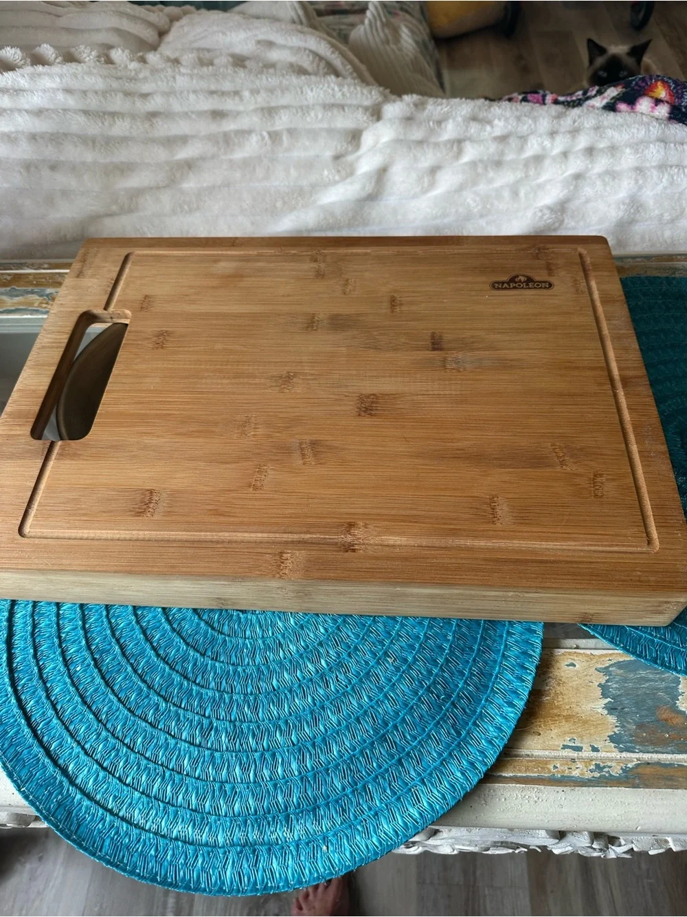 Napolean Bamboo Cutting Board with Removable Stainless Steel Bowls NWOT